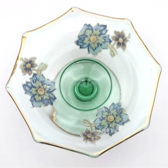 Vintage Green Glass Bon Bon Candy Dish With Floral Design & Gold Trim - Picture 2 of 6